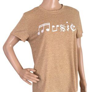 Music Symbols Graphic Tee Womans M Tan Short Sleeve Soft Stretch Top Notes